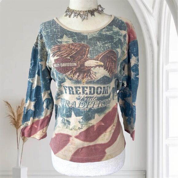 Harley Davidson Early 2000's Americana Flag Tie Dye Eagle Studded Shirt L Cotton - Picture 1 of 8